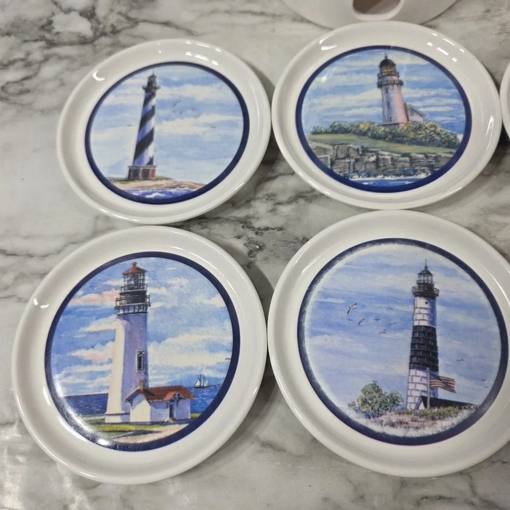 Vintage Lighthouse Coaster Set Of  6 With Holder White Plastic In EUC